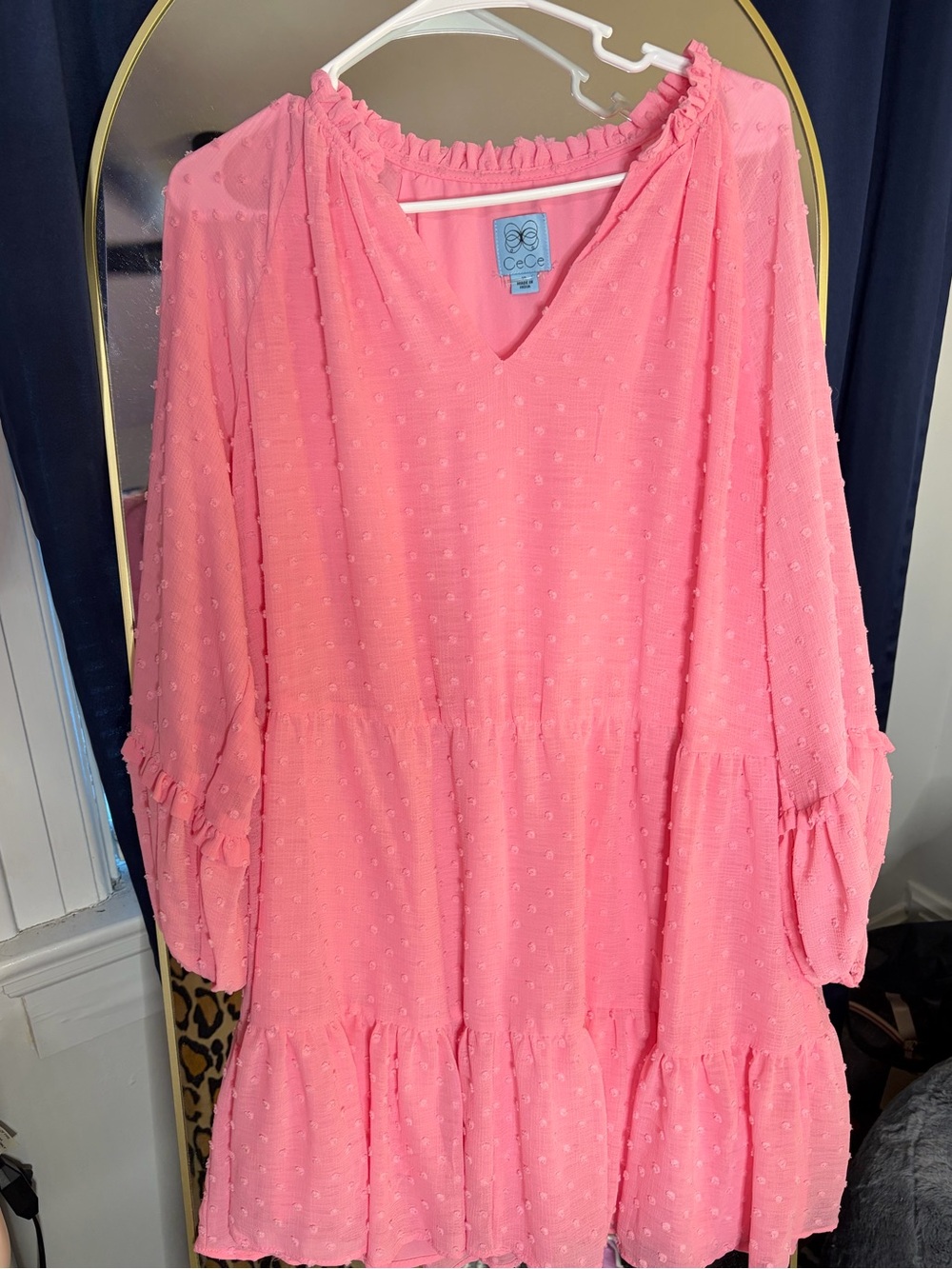 CeCe Pink Swiss Dot V-Neck Tiered Dress